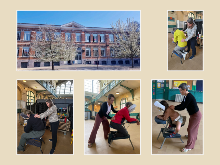 A collage of two professional Shiatsu therapists providing chair massages to adults and children in the historic hall of Les Jardins d'Élise school in Ixelles. The image captures the atmosphere of a wellness event during an Adeps walk in Brussels, featuring the school's classic facade.