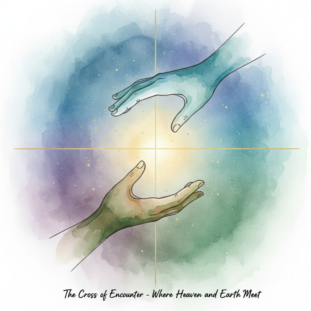 Watercolor illustration of two hands meeting at a golden intersection of a horizontal and vertical line, representing the Three Treasures: Jing, Qi, and Shen.