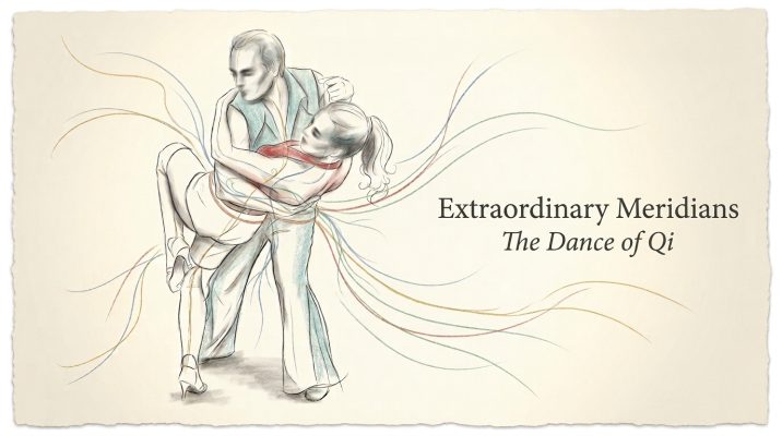Artistic pencil illustration of a couple engaged in a dynamic Latin dance posture with swirling, colorful energy lines weaving around them; includes the text title "Extraordinary Meridians: The Dance of Qi" on textured paper.